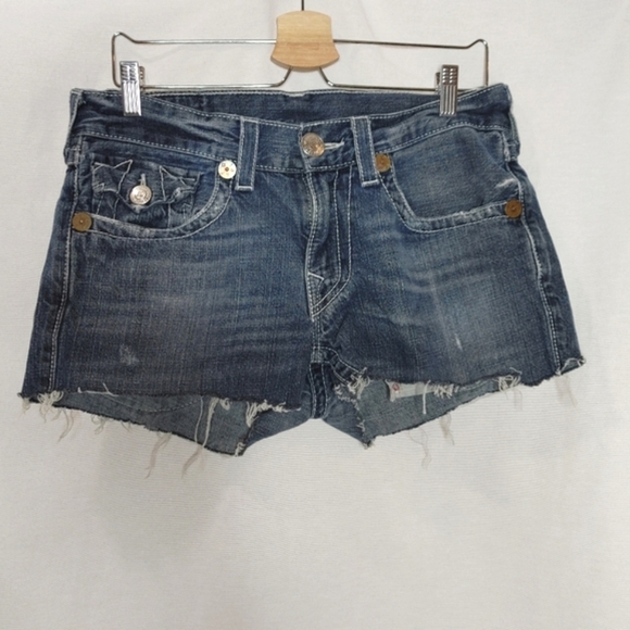 True Religion Ricky Cutoff Jeans Denim Micro Shorts Low Rise Flap Pocket Y2K 32 - Picture 2 of 9